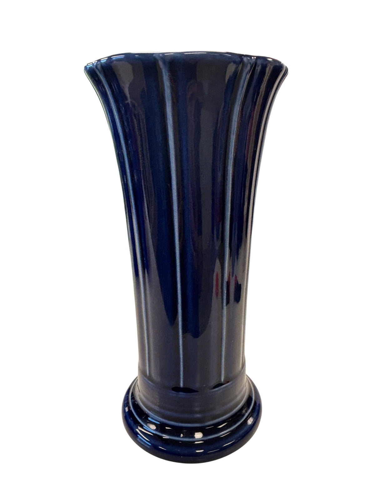 This is a Fiesta Fiestaware Small Flared Vase in Cobalt. 8" tall. lead-free, Post 1986, Retired Shape Retired Color

