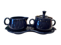 This is a Fiesta Fiestaware Creamer Pitcher Sugar Bowl with Lid on Figure Eight 8 Tray Set in cobalt lead-free, Post 1986, Retired Color Retired Shape
