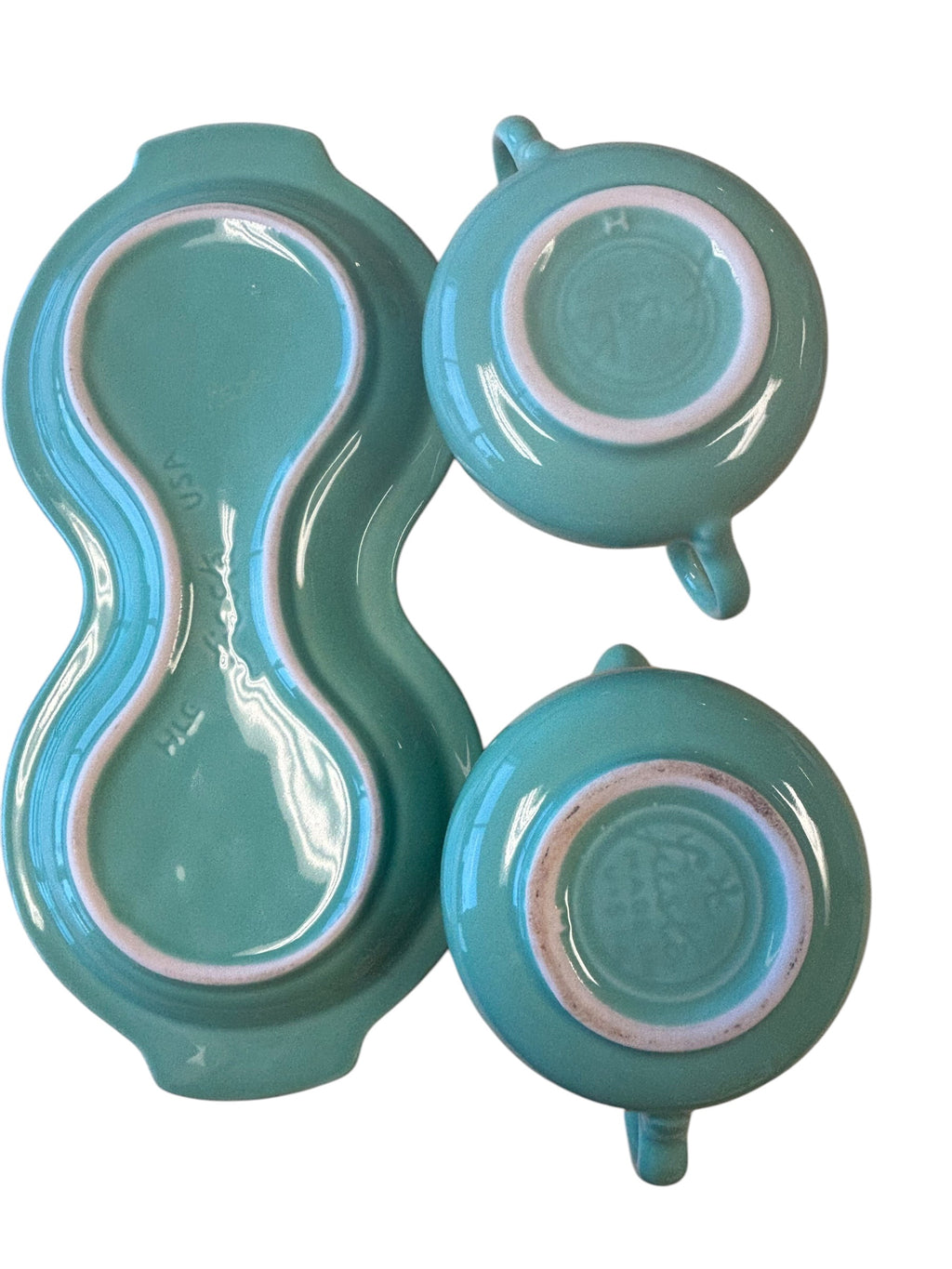 This is a Fiesta Fiestaware Creamer Pitcher Sugar Bowl with Lid on Figure Eight 8 Tray Set in Sea Mist Green. lead-free, Post 1986, Retired Color Retired Shape

