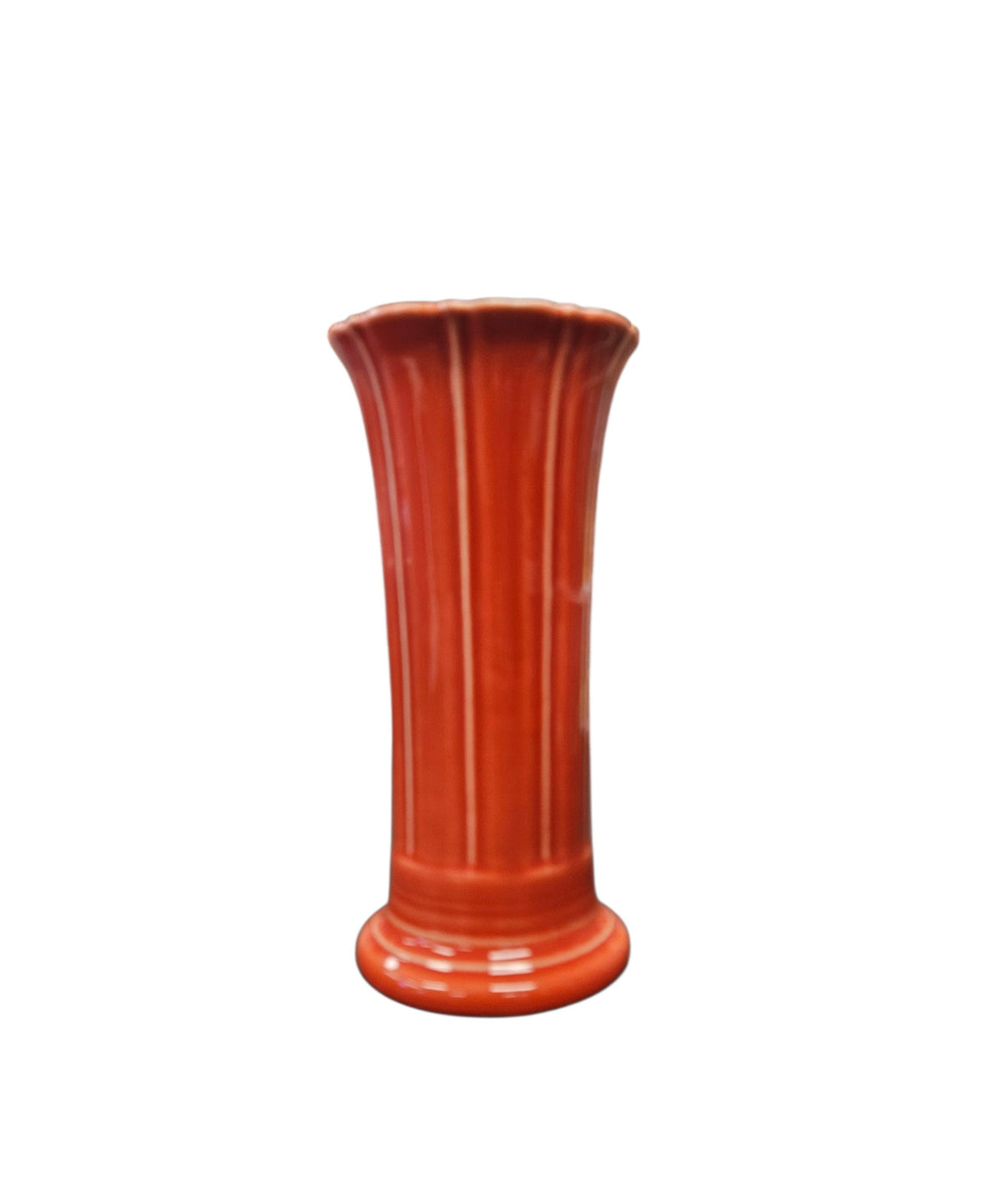 This is a Fiesta Fiestaware Small Flared Vase in Persimmon. 8" tall. lead-free, Post 1986, Retired Shape Retired Color

