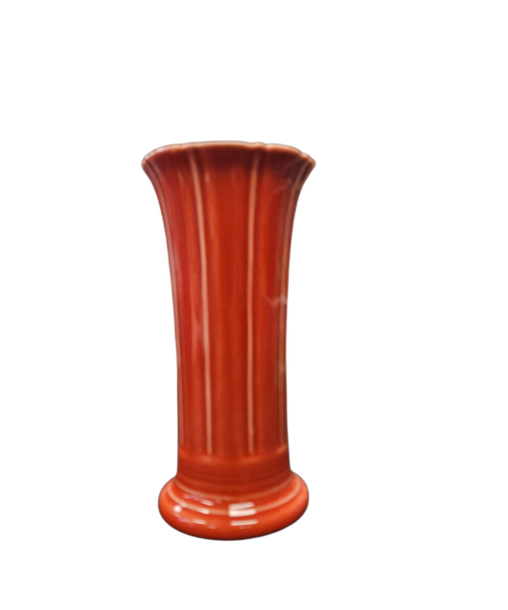 This is a Fiesta Fiestaware Small Flared Vase in Persimmon. 8" tall. lead-free, Post 1986, Retired Shape Retired Color
