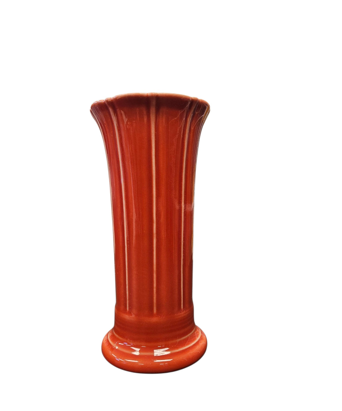 This is a Fiesta Fiestaware Small Flared Vase in Persimmon. 8" tall. lead-free, Post 1986, Retired Shape Retired Color

