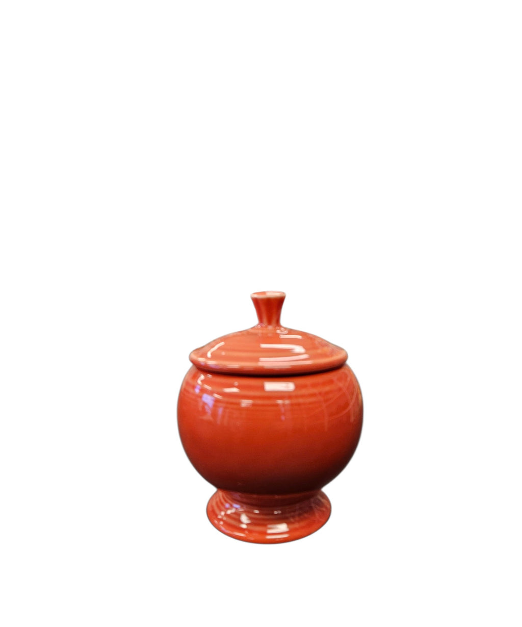 This is a Fiesta Fiestaware Individual Sugar Bowl With Lid in Persimmon. lead-free, Post 1986, Retired Color Retired Shape
