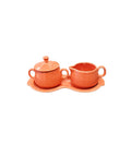 This is a Fiesta Fiestaware Creamer Pitcher Sugar Bowl with Lid on Figure Eight 8 Tray Set in persimmon lead-free, Post 1986, Retired Color Retired Shape
