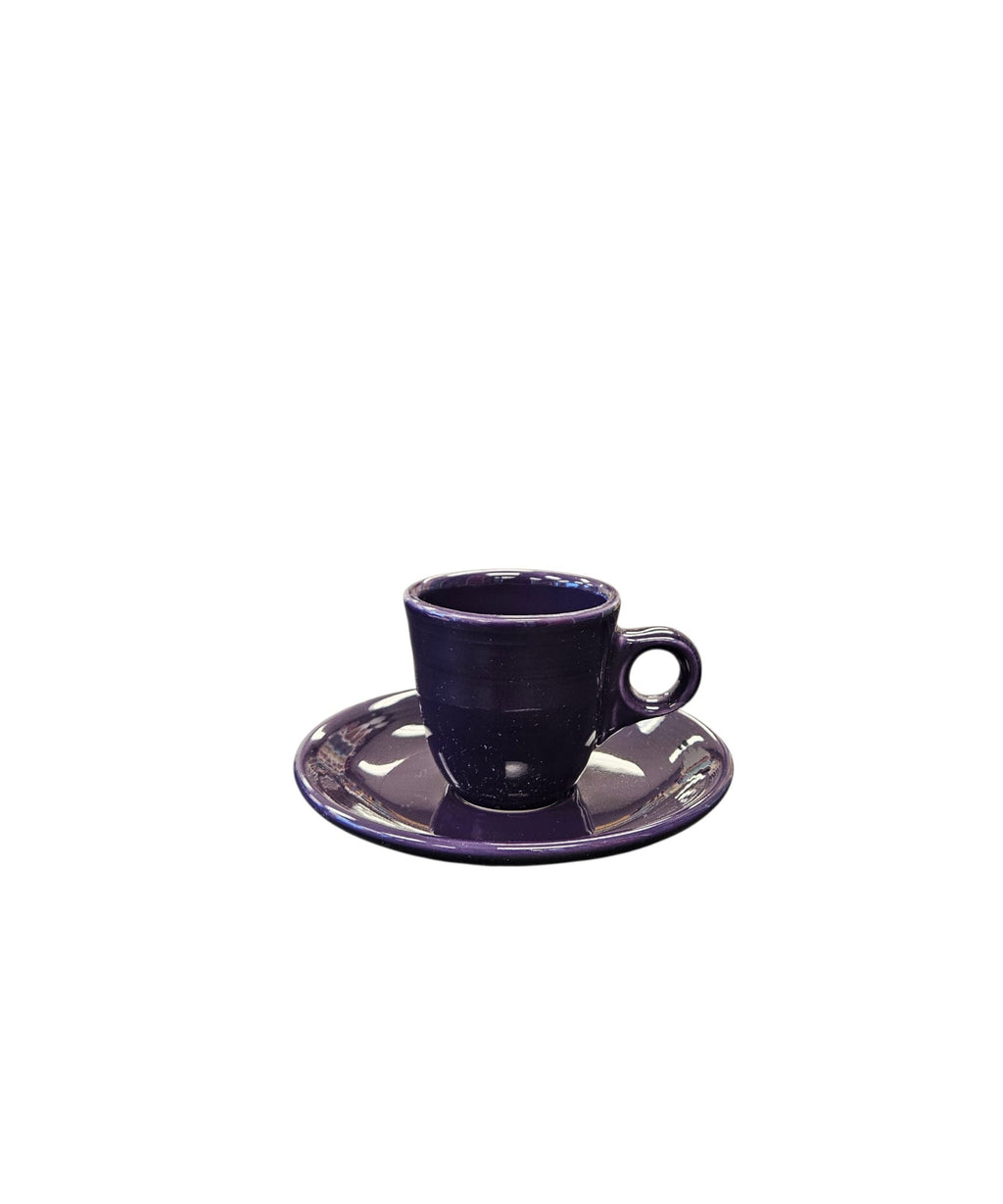 This is a Fiesta Fiestaware After Dinner AD Ring Handled Demitasse Demi Cup and Saucer Set in Plum. lead-free, Post 1986, Retired Color Retired Shape Perfect for Espresso
