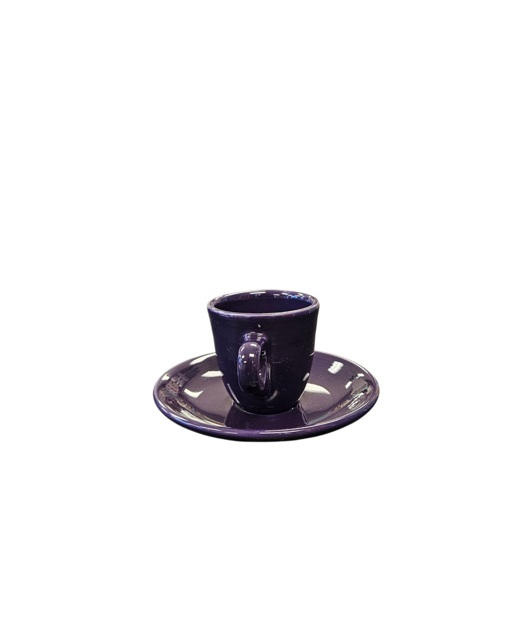 This is a Fiesta Fiestaware After Dinner AD Ring Handled Demitasse Demi Cup and Saucer Set in Plum. lead-free, Post 1986, Retired Color Retired Shape Perfect for Espresso

