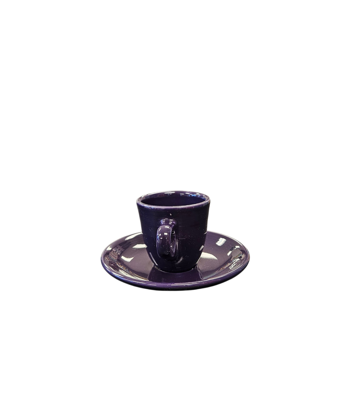 This is a Fiesta Fiestaware After Dinner AD Ring Handled Demitasse Demi Cup and Saucer Set in Plum. lead-free, Post 1986, Retired Color Retired Shape Perfect for Espresso
