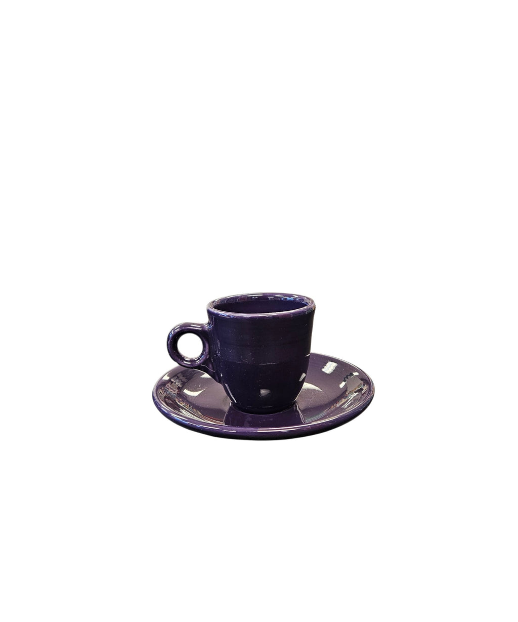 This is a Fiesta Fiestaware After Dinner AD Ring Handled Demitasse Demi Cup and Saucer Set in Plum. lead-free, Post 1986, Retired Color Retired Shape Perfect for Espresso
