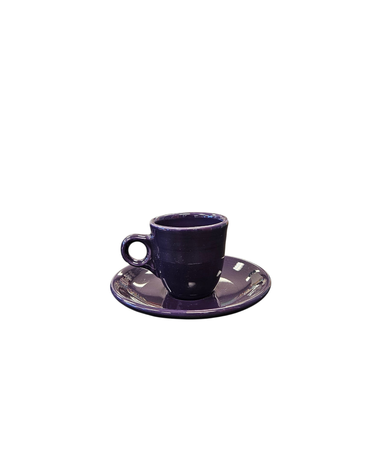 This is a Fiesta Fiestaware After Dinner AD Ring Handled Demitasse Demi Cup and Saucer Set in Plum. lead-free, Post 1986, Retired Color Retired Shape Perfect for Espresso
