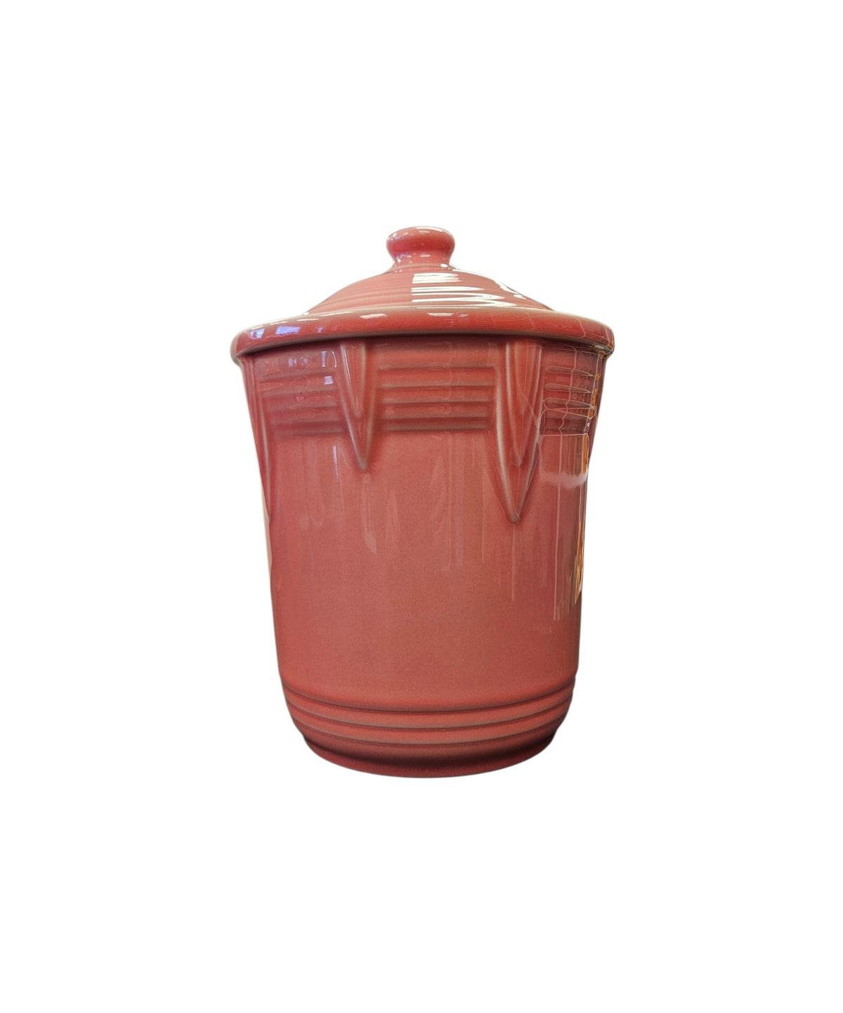 This is a Fiesta Fiestware medium 2 quart Chevon canister in Peony. Lead-free Post 1986 Retired Shape
