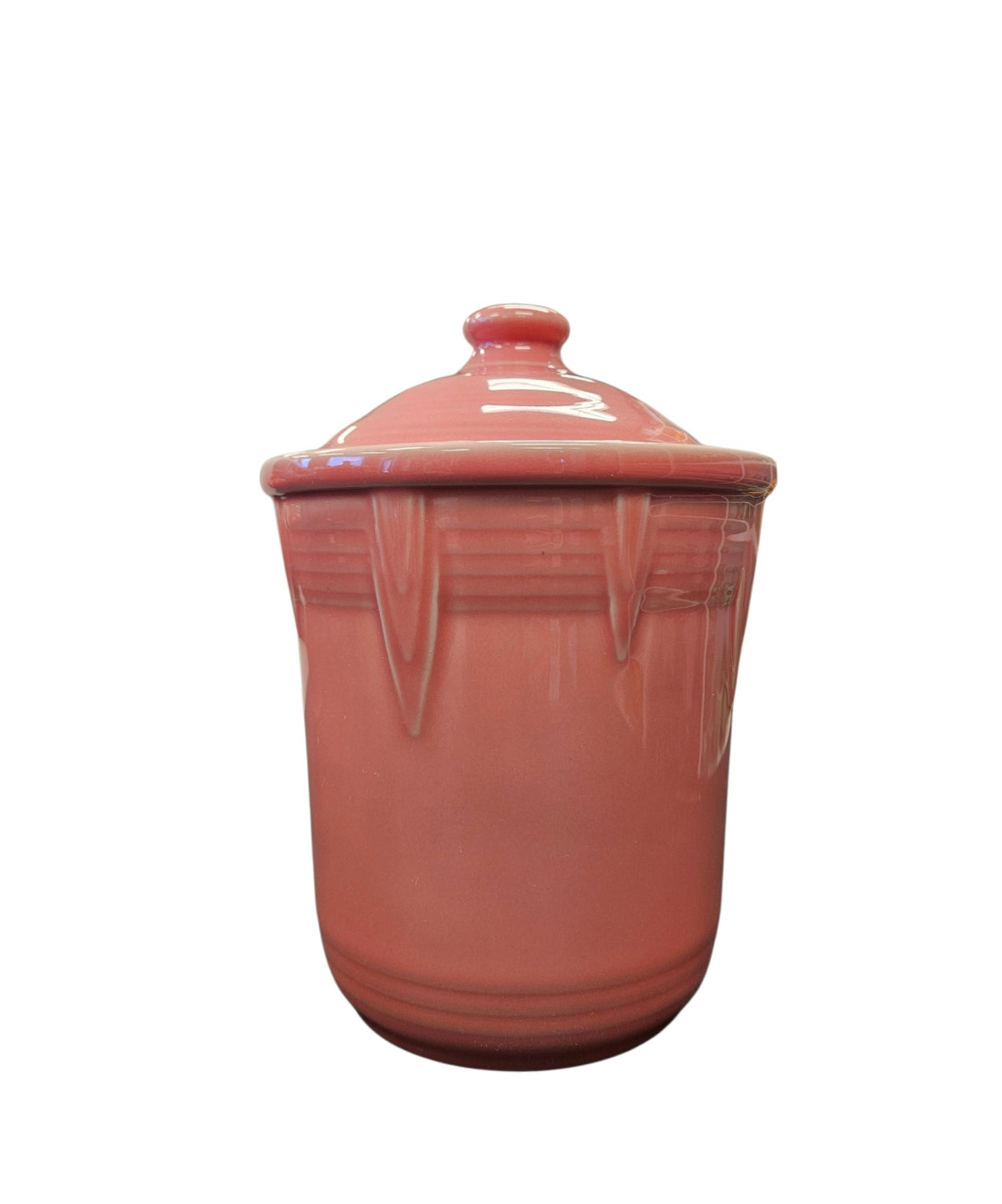 This is a Fiesta Fiestware small 1 quart Chevon canister in Peony. Lead-free Post 1986 Retired Shape
