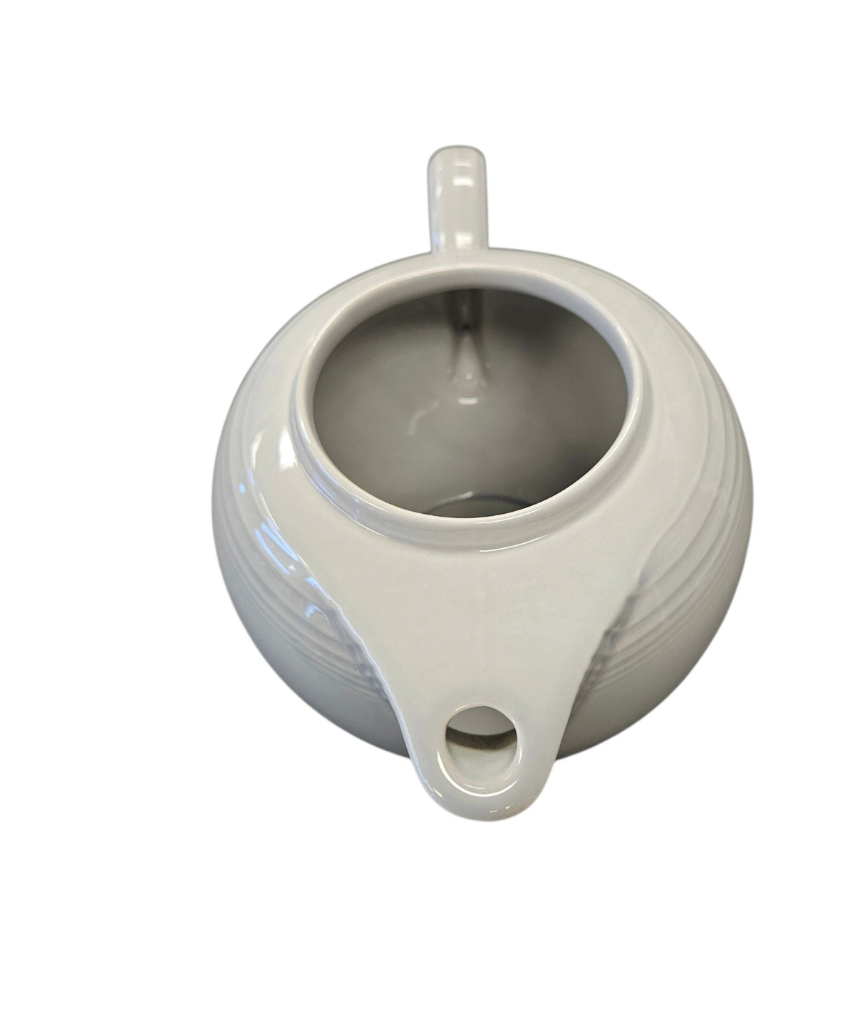 This is a Fiesta Fiestaware Five-cup 5-cup Ring Handled Tea Pot with Lid in Pearl Gray. lead-free, Post 1986, Retired Color Retired Shape
