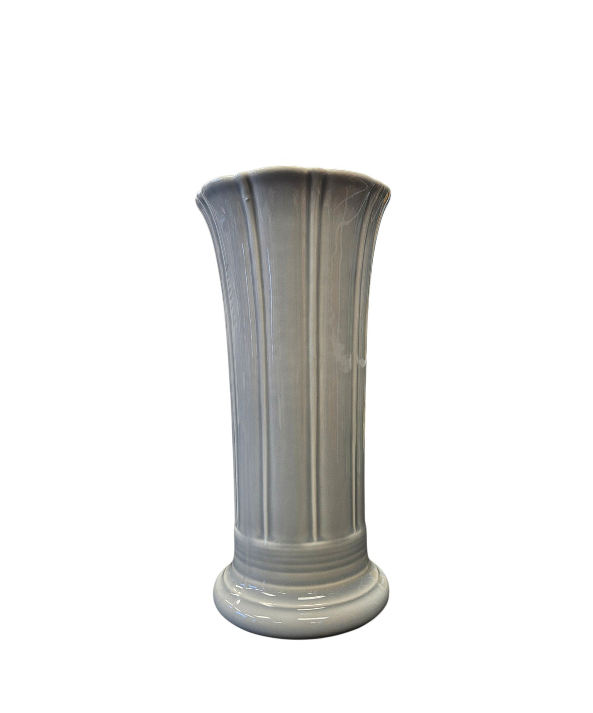 This is a Fiesta Fiestaware Small Flared Vase in Pearl Gray. 8" tall. lead-free, Post 1986, Retired Shape Retired Color
