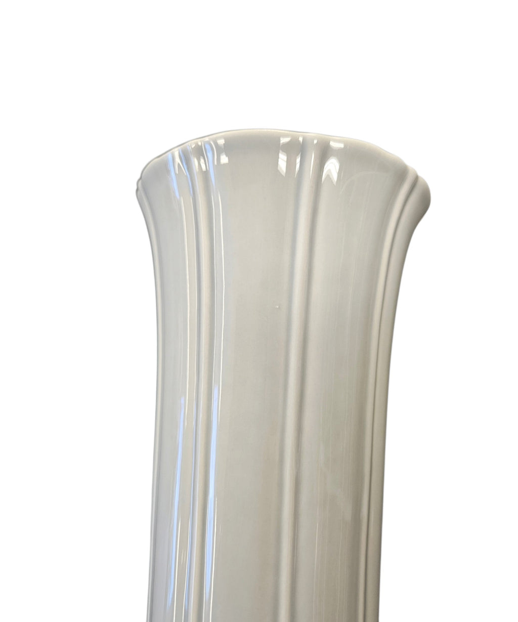 This is a Fiesta Fiestaware Small Flared Vase in Pearl Gray. 8" tall. lead-free, Post 1986, Retired Shape Retired Color

