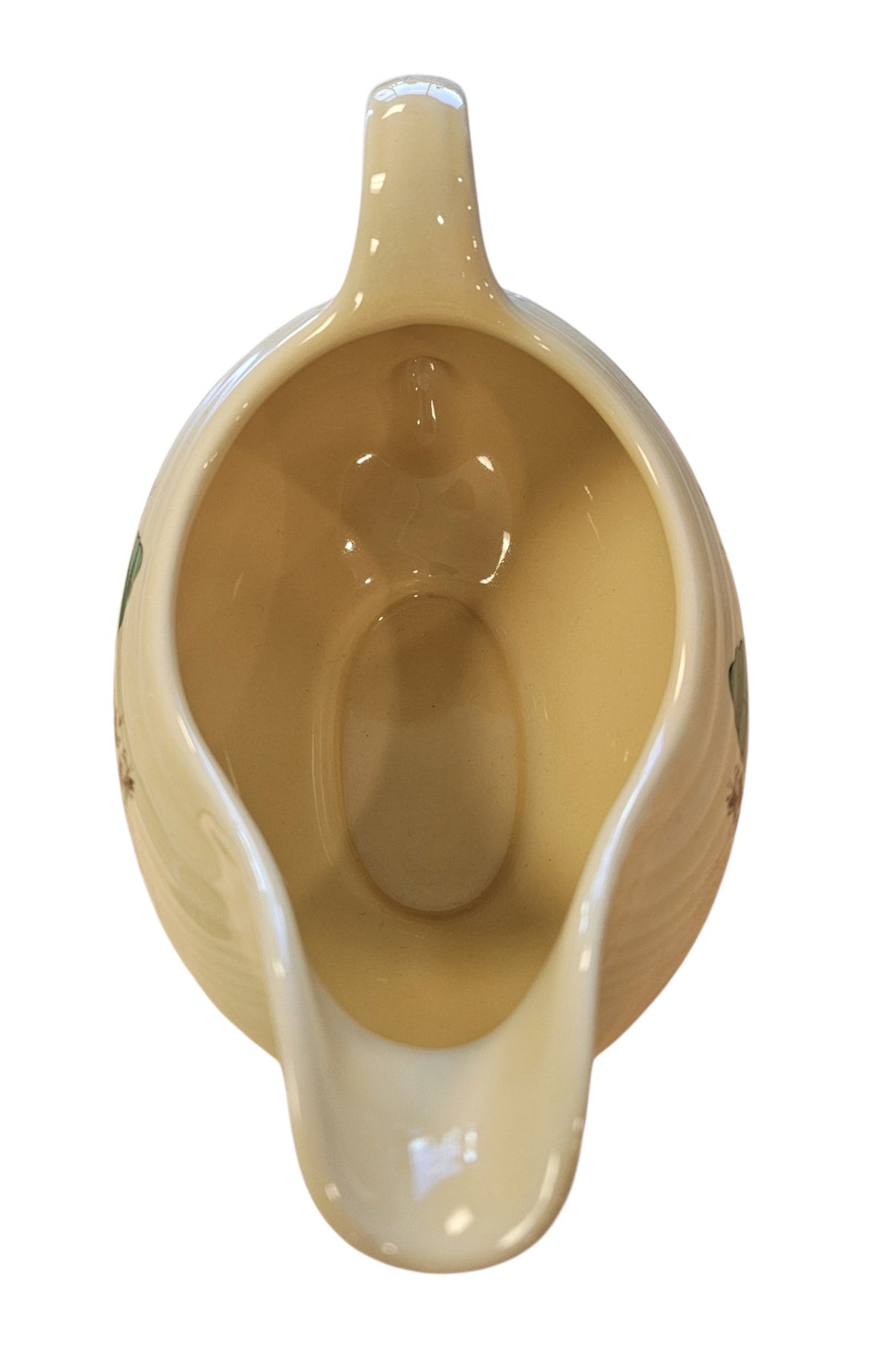 This is a Fiesta fiestaware Sauce Gravy Boat featuring Everything Kitchen's Fall Forest decal on Ivory. Lead free, Post 1986 Retired Decal, Retired Color, limited quantities available via EK, Fall, Greenery, Cabin, Bird, Turkey, Tree, Thanksgiving

