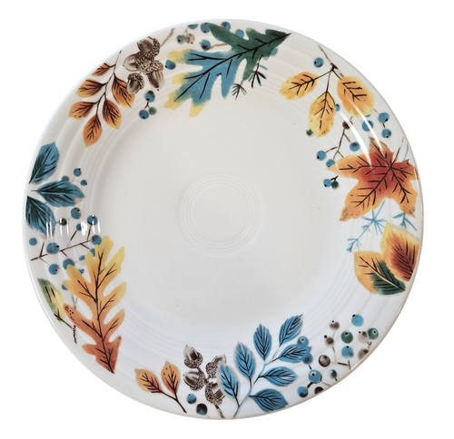 This is a Fiesta Fiestaware Classic Luncheon Plate featuring the Autumn Fields decal on Linen. lead-free, Post 1986, Fall, Leaves, Acorns, Greenery
