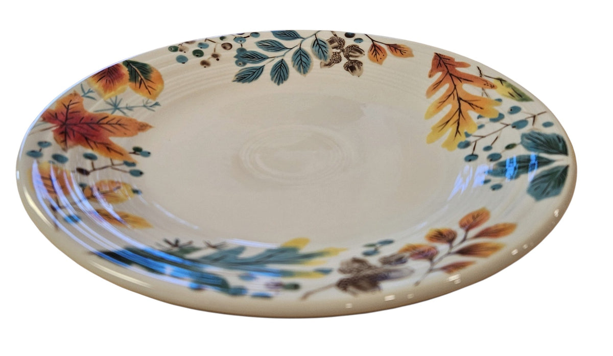 This is a Fiesta Fiestaware Classic Luncheon Plate featuring the Autumn Fields decal on Linen. lead-free, Post 1986, Fall, Leaves, Acorns, Greenery
