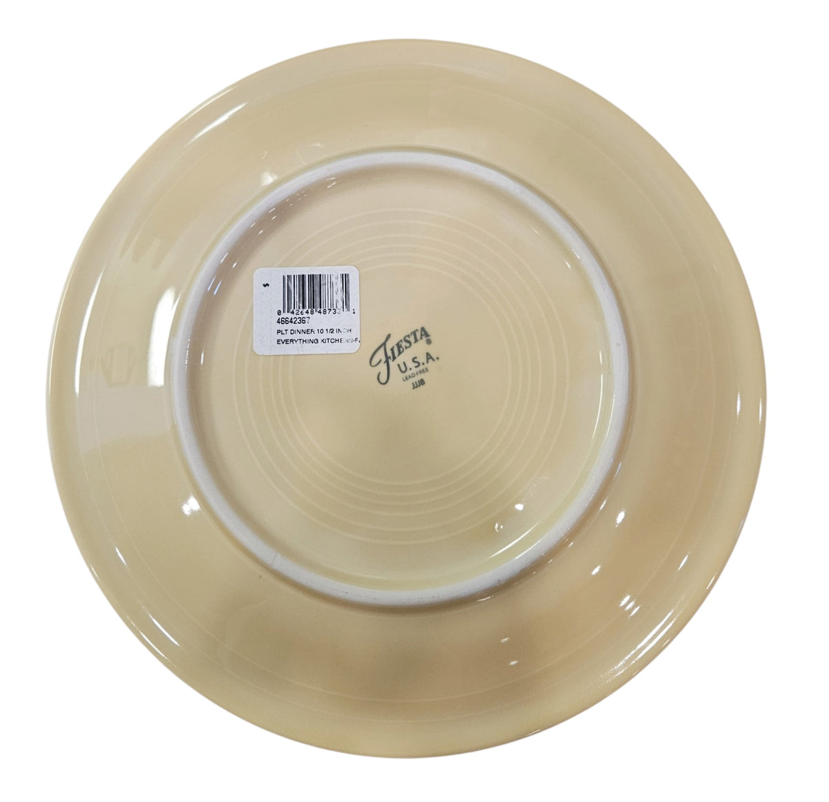 This is a Fiesta fiestaware Classic Dinner Plate featuring Everything Kitchen's Fall Forest decal on Ivory. Lead free, Post 1986 Retired Decal, Retired Color, no longer available EK, Fall, Pumpkin, Greenery, Cabin, Bird, Turkey, Thanksgiving
