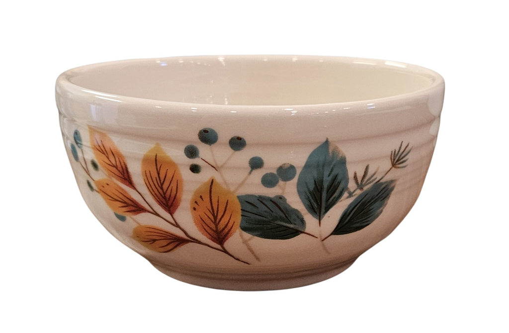 This is a Fiesta Fiestaware Small Bistro Bowl featuring the Autumn Fields decal on Linen. lead-free, Post 1986, Fall, Leaves, Acorns, Greenery

