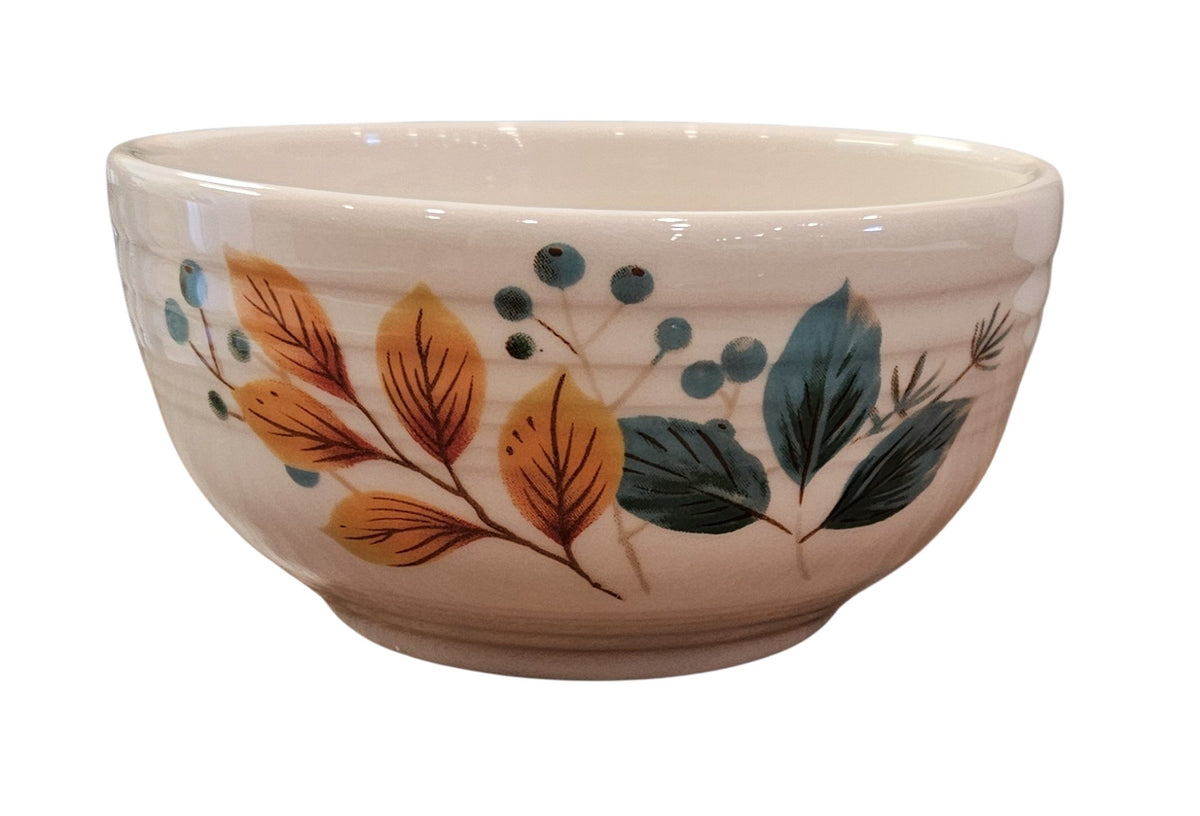 This is a Fiesta Fiestaware Small Bistro Bowl featuring the Autumn Fields decal on Linen. lead-free, Post 1986, Fall, Leaves, Acorns, Greenery
