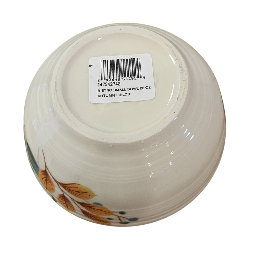 This is a Fiesta Fiestaware Small Bistro Bowl featuring the Autumn Fields decal on Linen. lead-free, Post 1986, Fall, Leaves, Acorns, Greenery
