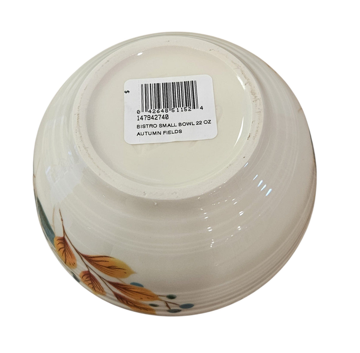 This is a Fiesta Fiestaware Small Bistro Bowl featuring the Autumn Fields decal on Linen. lead-free, Post 1986, Fall, Leaves, Acorns, Greenery
