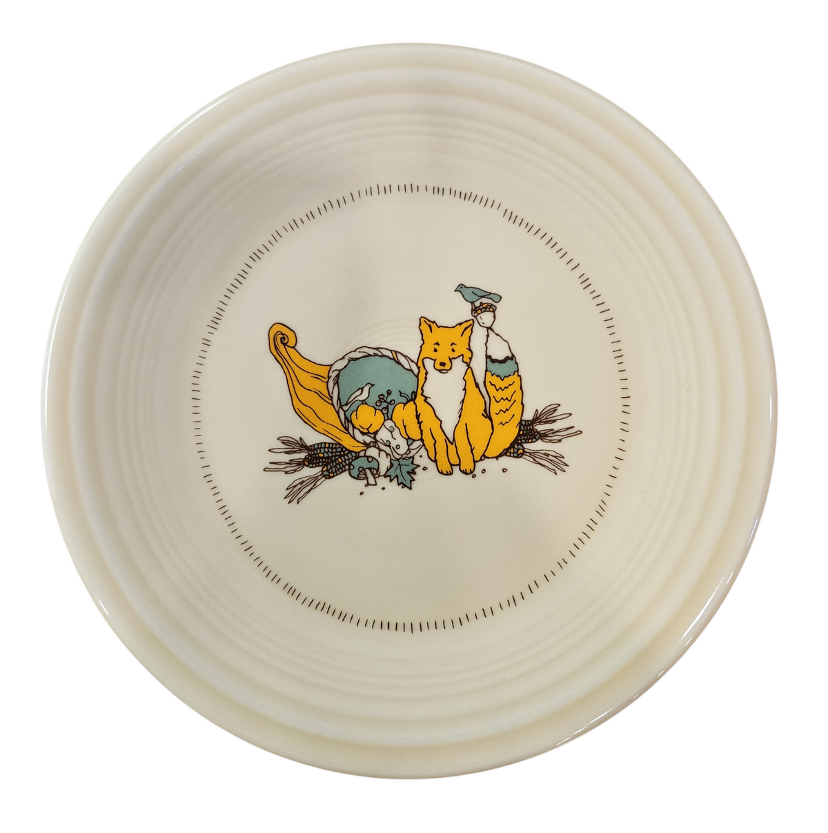 This is a Fiesta fiestaware Classic Salad Plate featuring Everything Kitchen's Fall Forest decal on Ivory. Lead free, Post 1986 Retired Decal, Retired Color, limited quantities available via EK, Fall, Pumpkin, Greenery, Bird. Acorn, cornucopia, fox, Thanksgiving
