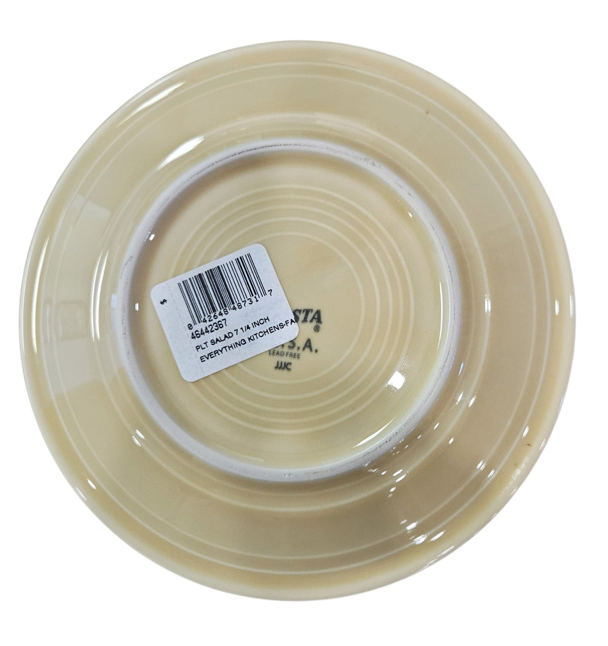 This is a Fiesta fiestaware Classic Salad Plate featuring Everything Kitchen's Fall Forest decal on Ivory. Lead free, Post 1986 Retired Decal, Retired Color, limited quantities available via EK, Fall, Pumpkin, Greenery, Bird. Acorn, cornucopia, fox, Thanksgiving
