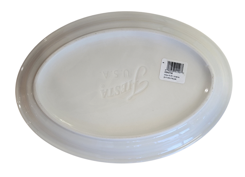 This is a Fiesta Fiestaware Large  Oval Platter featuring the Autumn Fields decal on Linen. lead-free, Post 1986, Fall, Leaves, Acorns, Greenery
