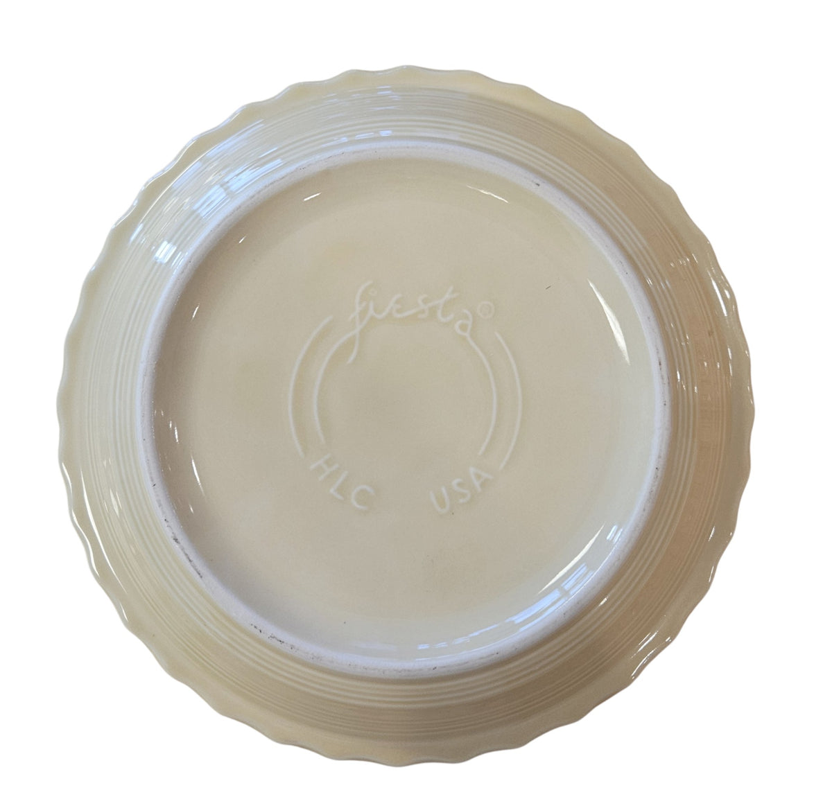 This is a Fiesta fiestaware Large Pie Baker featuring Everything Kitchen's Fall Forest decal on Ivory. Lead free, Post 1986 Retired Decal, Retired Color, limited quantities available via EK, Fall, Greenery, Cabin, Bird, Turkey, Tree, Thanksgiving

