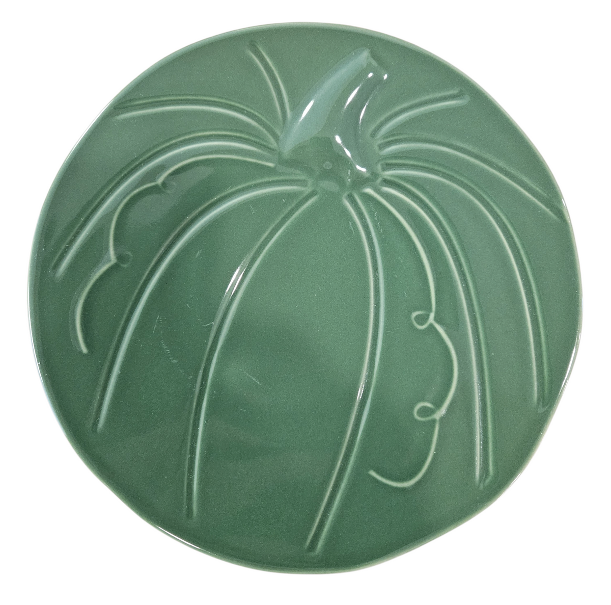 This is a Fiesta fiestaware Embossed pumpkin shaped plate in Jade. Lead free, Post 1986 Limited Production shape, Fall, Thanksgiving, Halloween
