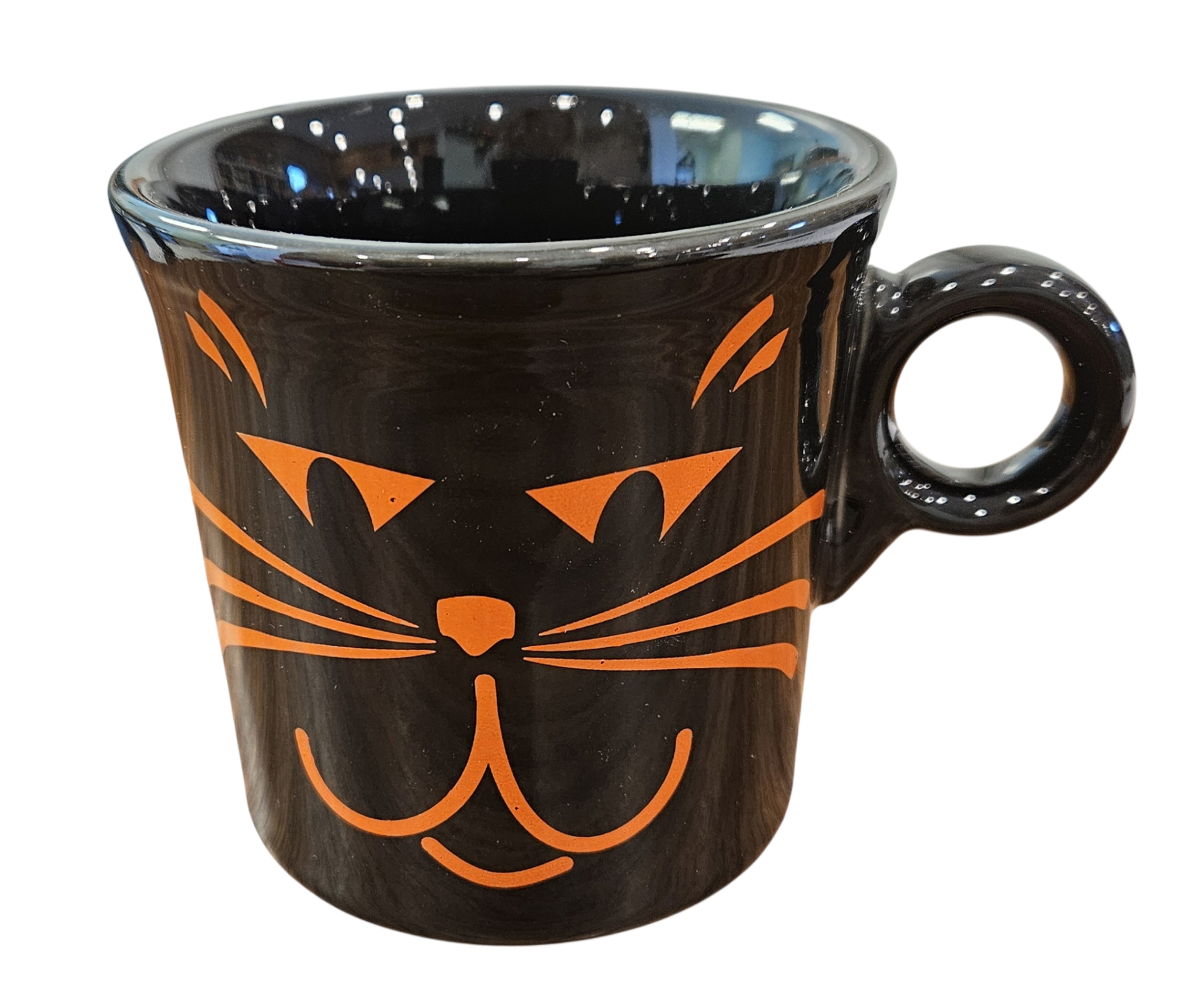 This is Fiesta fiestware Classic Ring Handled Mug featuring the Betty Crocker Black Cat decal on black. Lead free, post 1986, retired color, retired decal, Hard to Find, Halloween
