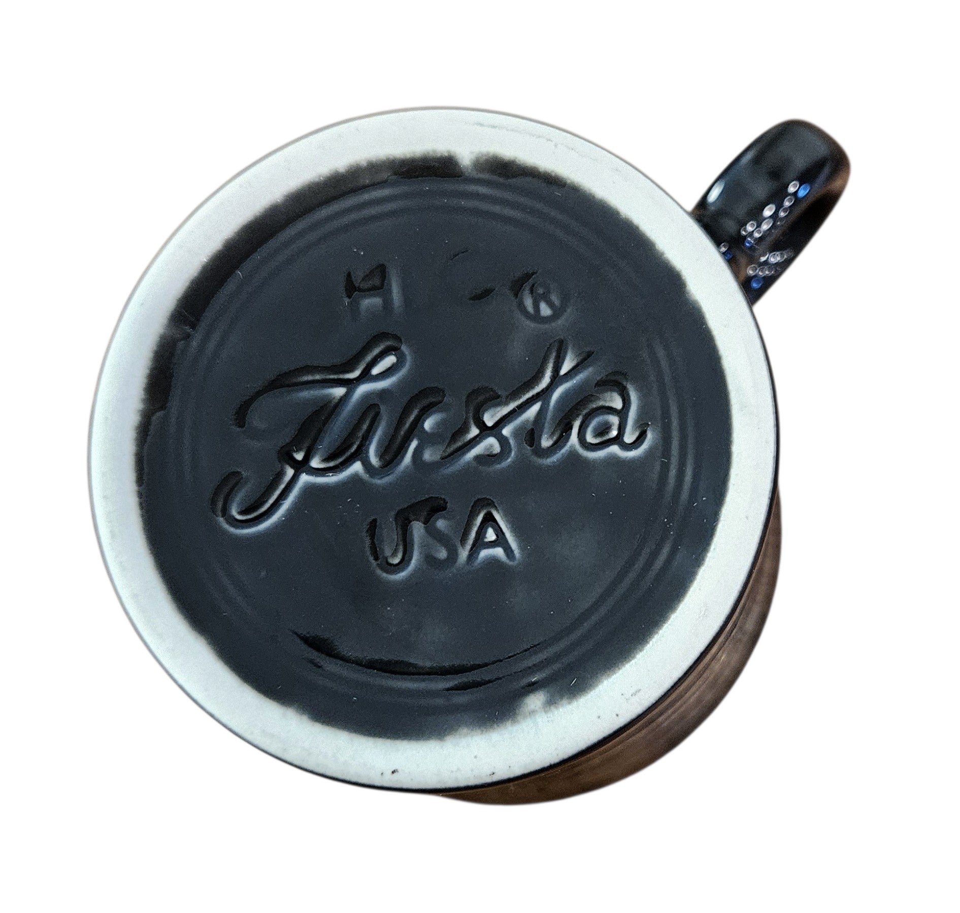 This is Fiesta fiestware Classic Ring Handled Mug featuring the Betty Crocker Black Cat decal on black. Lead free, post 1986, retired color, retired decal, Hard to Find, Halloween
