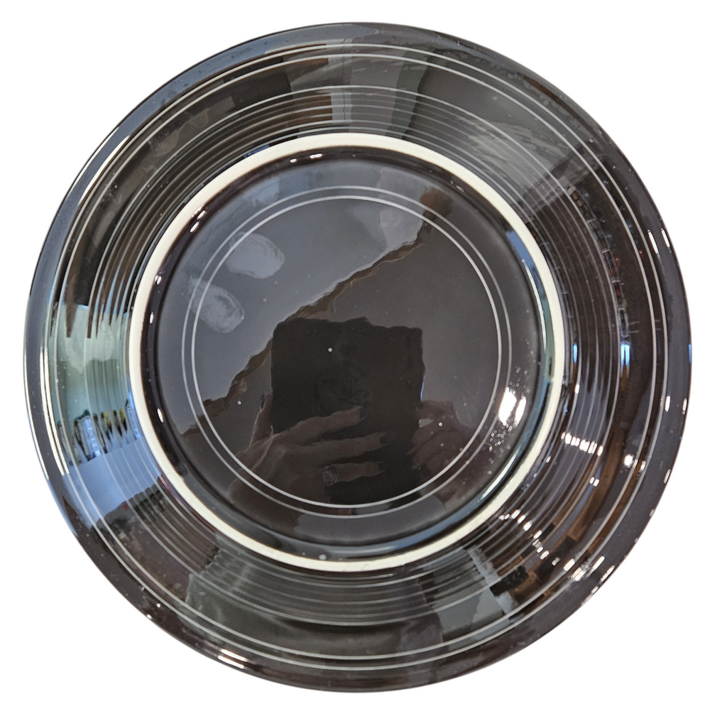 This is Fiesta fiestware Classic Dinner Plate featuring the Betty Crocker Black Cat decal on black. Lead free, post 1986, retired color, retired decal, Hard to Find, Halloween
