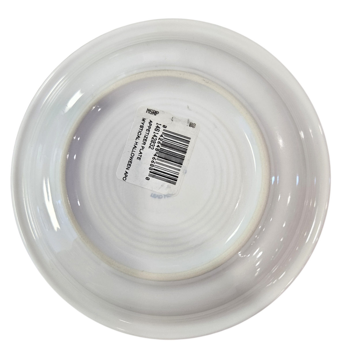 This is a Fiesta fiestaware Bistro Appetizer Plate featuring the Mystical Halloween Apothecary decal on white. Lead free, Post 1986, Retired Decal, Halloween
