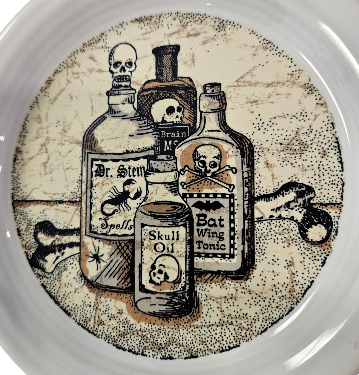 This is a Fiesta fiestaware Bistro Appetizer Plate featuring the Mystical Halloween Apothecary decal on white. Lead free, Post 1986, Retired Decal, Halloween
