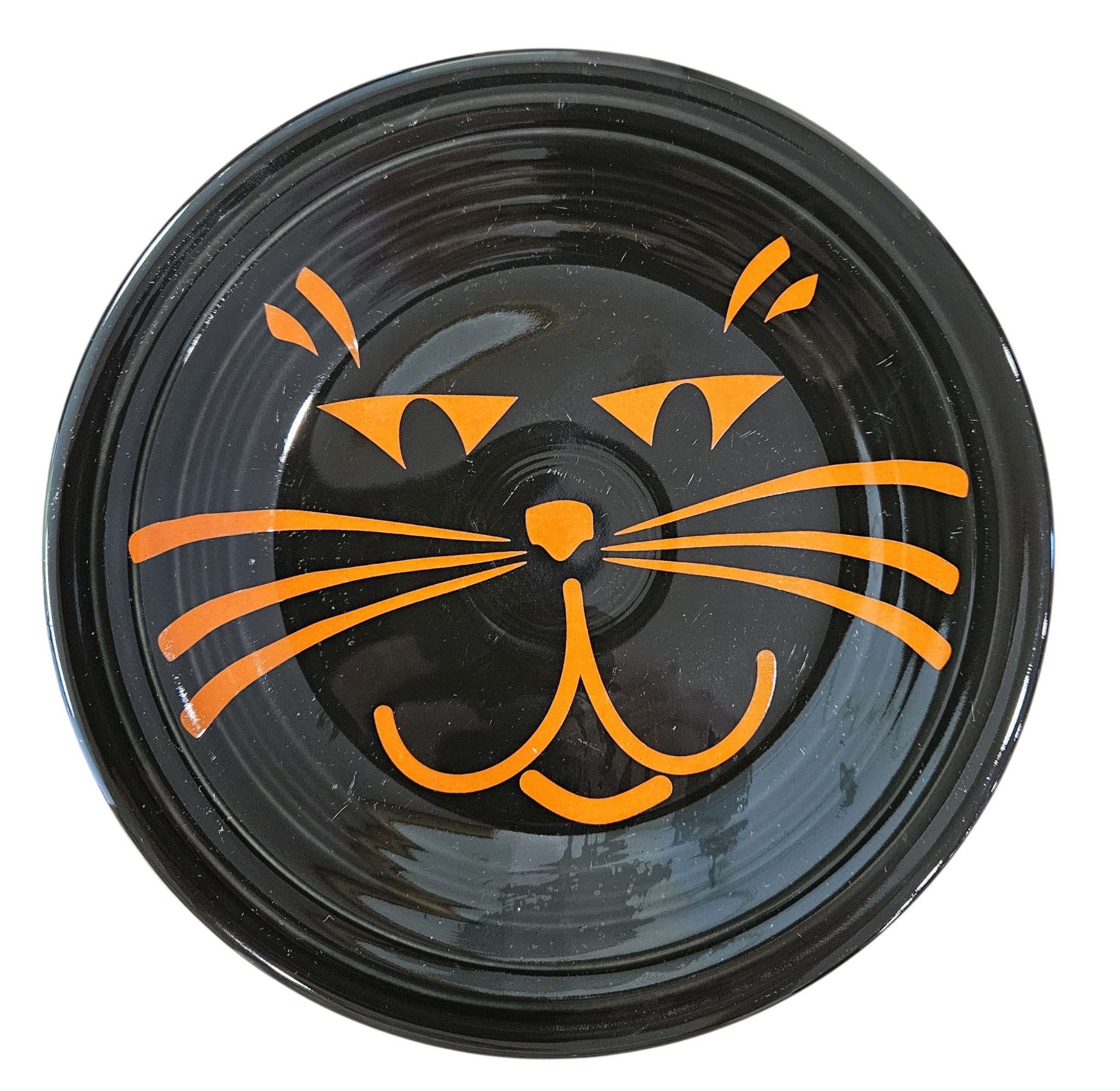 This is Fiesta fiestware Classic Chop Plate featuring the Betty Crocker Black Cat decal on black. Lead free, post 1986, retired color, retired decal, Hard to Find, Halloween
