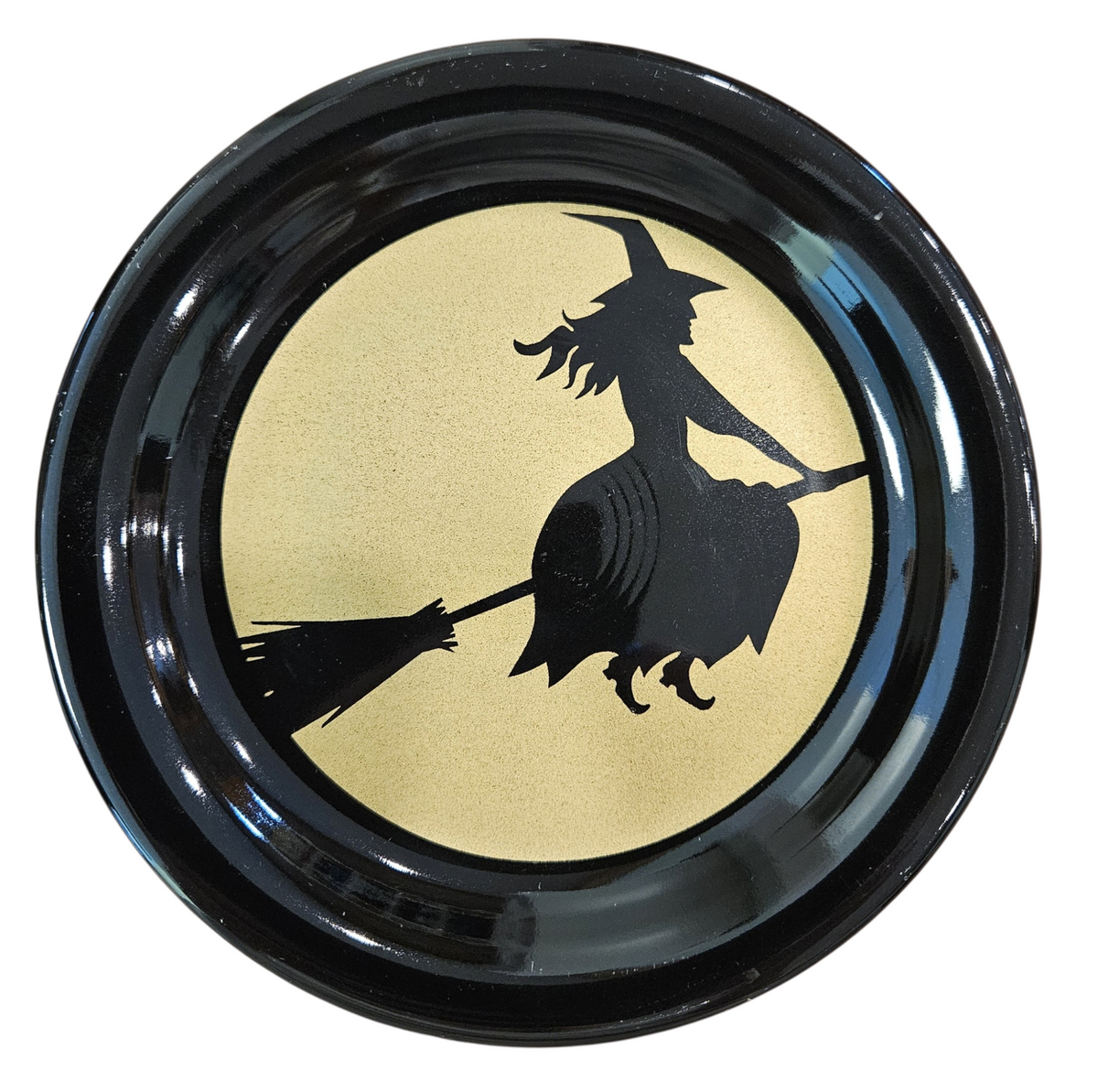 This is a Fiesta fiestware bistro appetizer plate featuring the Moon Lit Witch decal on black. Lead free Post 1986 Retired Color Retired Decal Halloween
