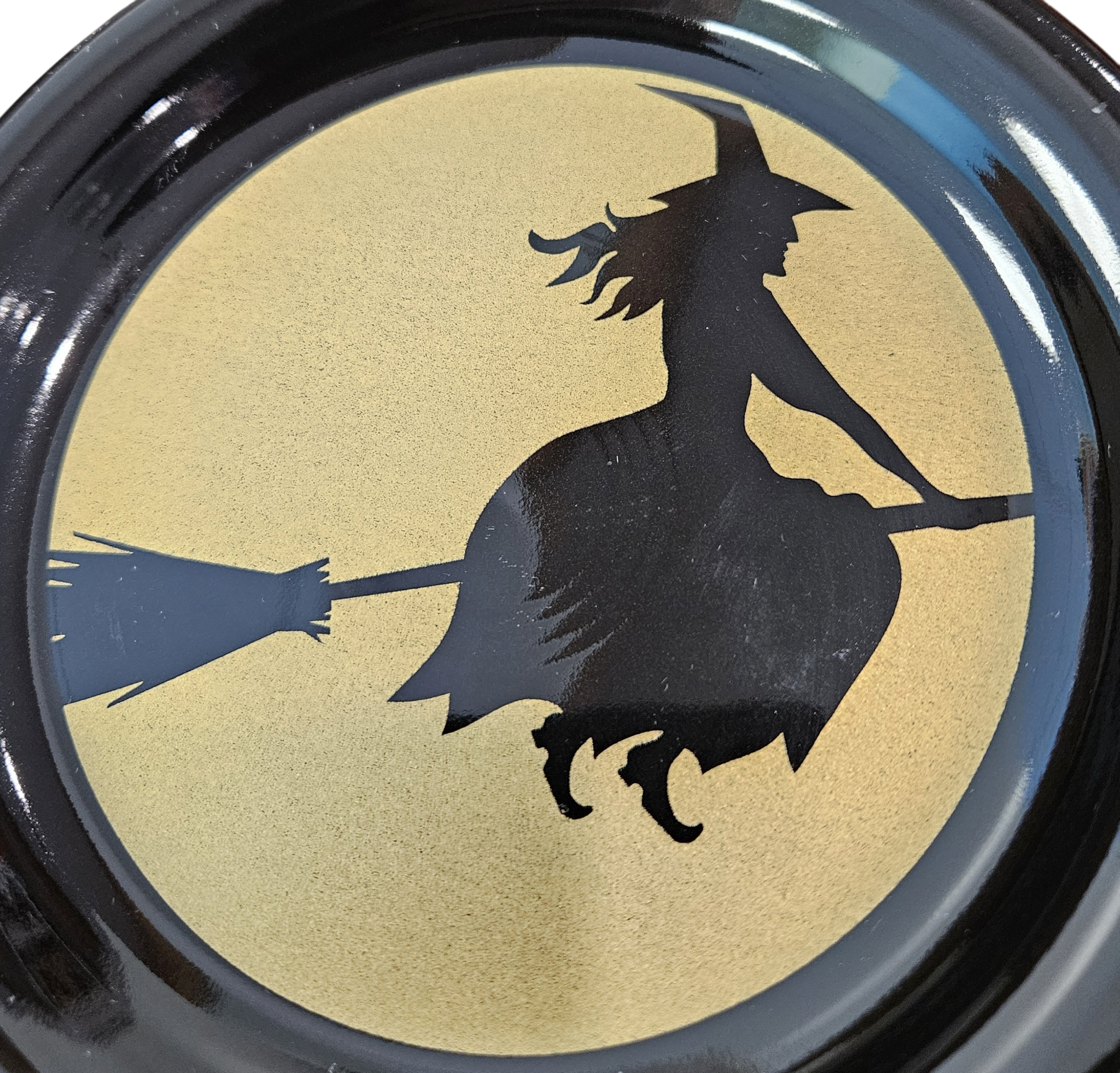 This is a Fiesta fiestware bistro appetizer plate featuring the Moon Lit Witch decal on black. Lead free Post 1986 Retired Color Retired Decal Halloween
