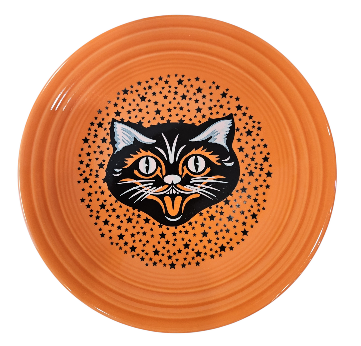 This is a Fiesta fiestaware Classic Luncheon Plate featuring the Black Cat decal on poppy. Lead free, Post 1986, Halloween
