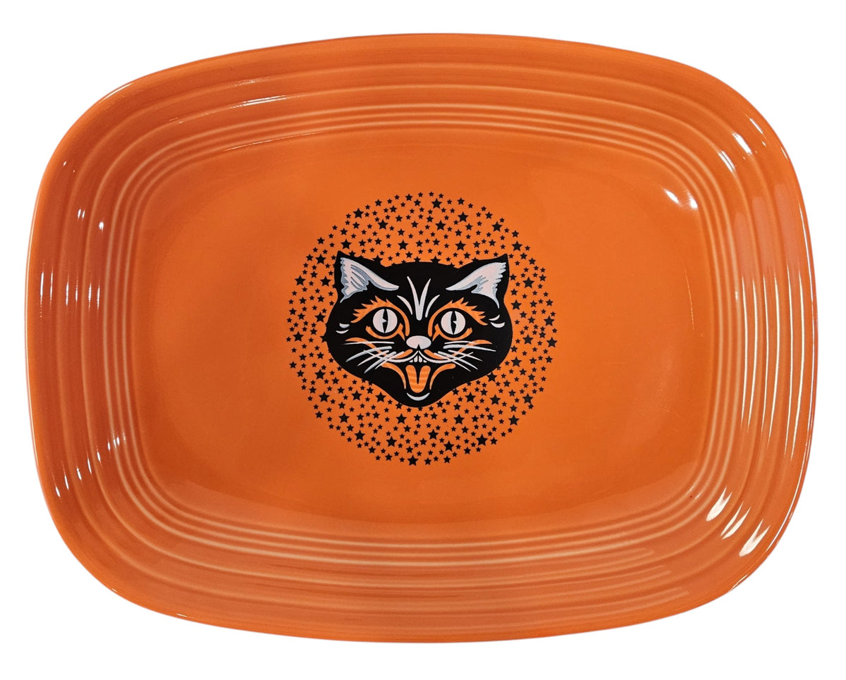This is a Fiesta fiestaware Rectangular Platter featuring the Black Cat decal on poppy. Lead free, Post 1986, Halloween
