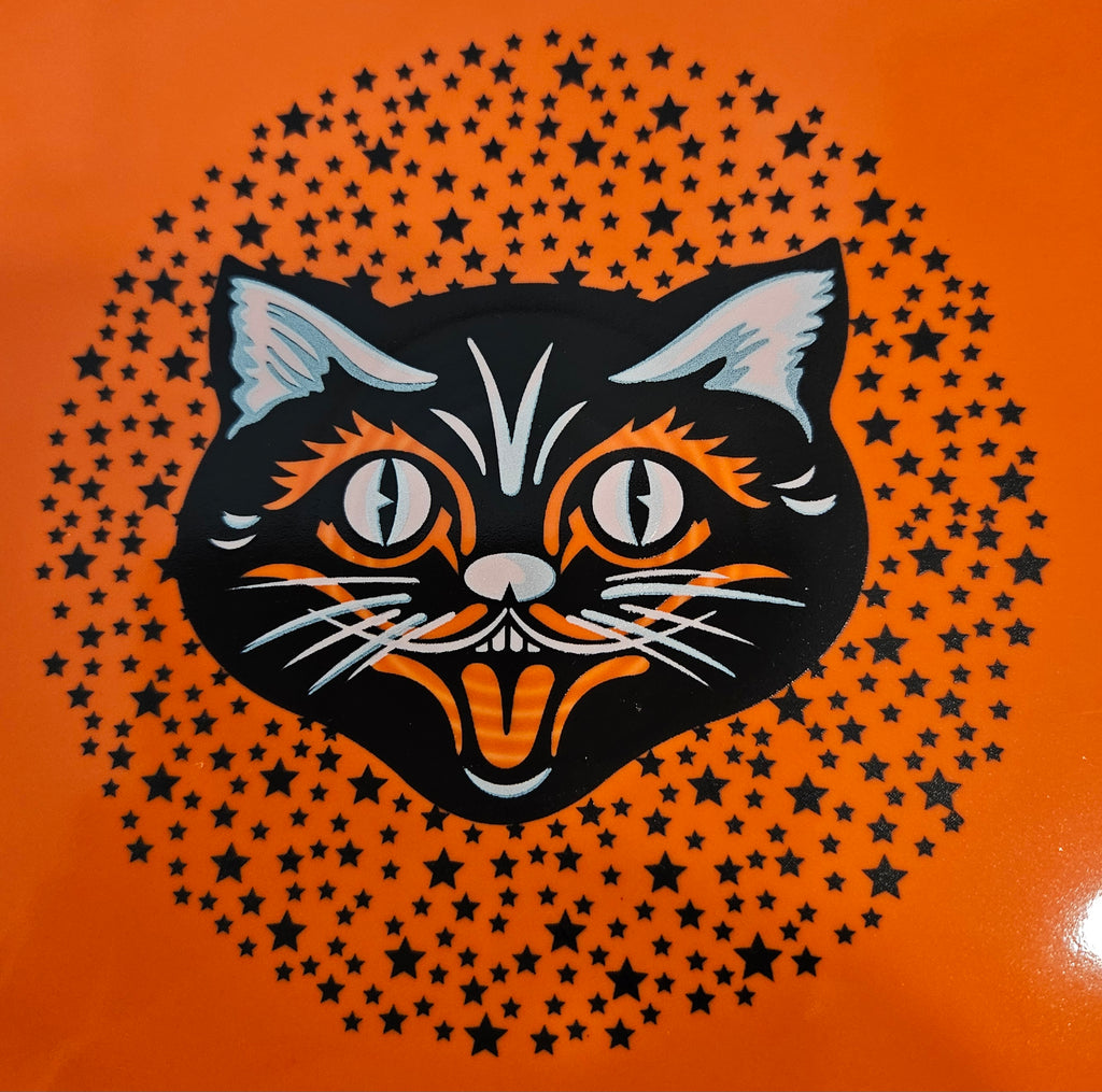 This is a Fiesta fiestaware Rectangular Platter featuring the Black Cat decal on poppy. Lead free, Post 1986, Halloween
