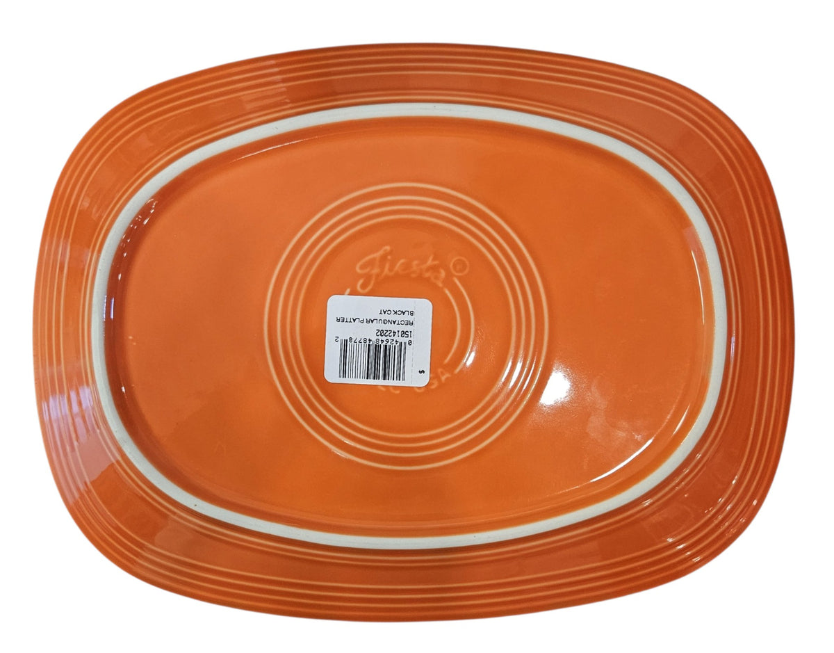 This is a Fiesta fiestaware Rectangular Platter featuring the Black Cat decal on poppy. Lead free, Post 1986, Halloween
