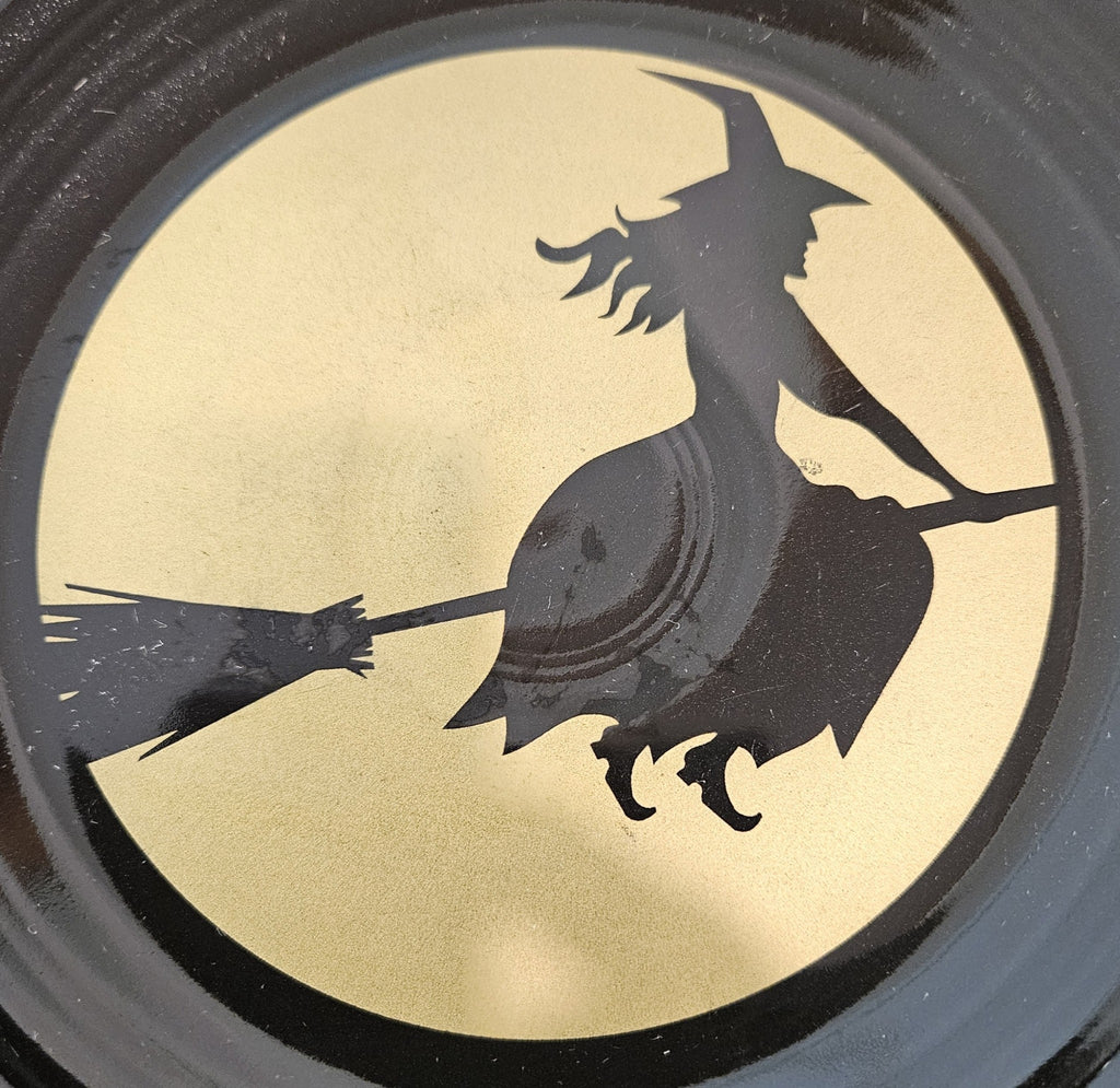 This is a Fiesta fiestware classic luncheon plate featuring the Moon Lit Witch decal on black. Lead free Post 1986 Retired Color Retired Decal, Halloween
