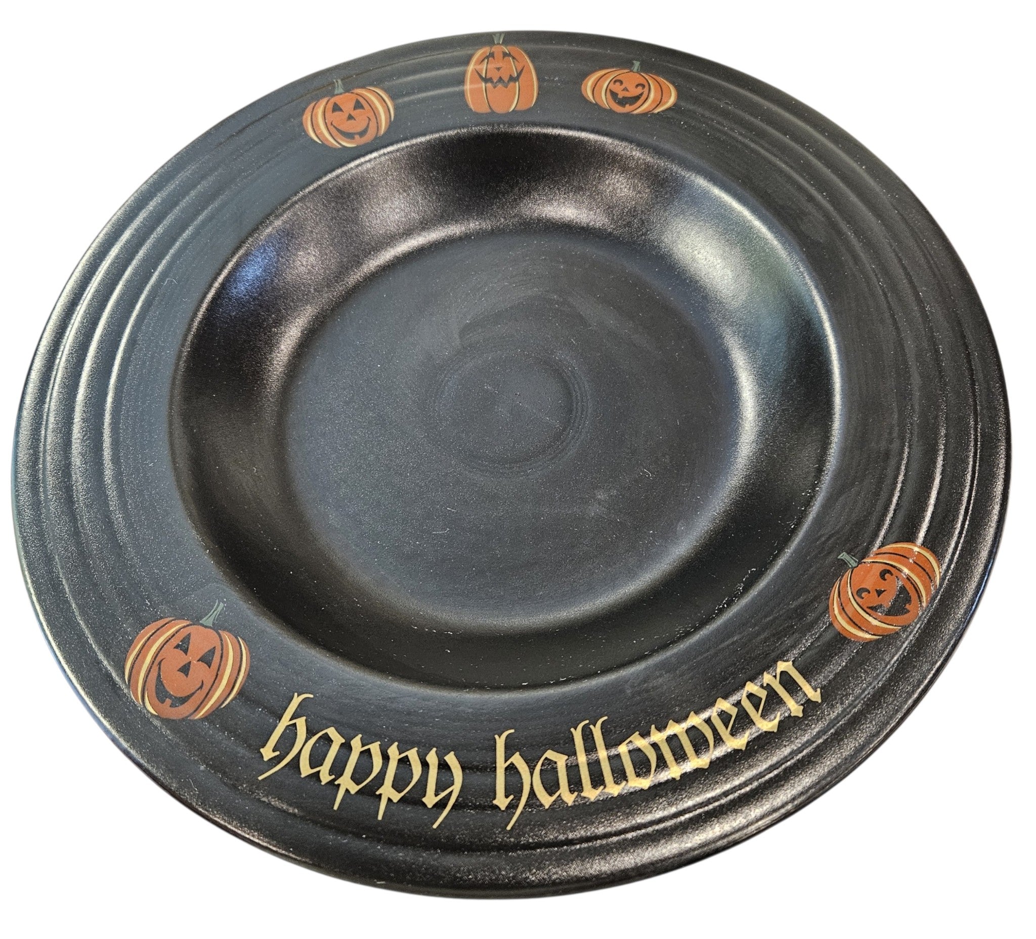 This is Fiesta fiestware Classic 12" Rimmed Pasta Bowl featuring the Trio of Happy Pumpkins decal on black/foundry. Lead free, post 1986,  retired decal, retired shape, limited production color, Halloween
