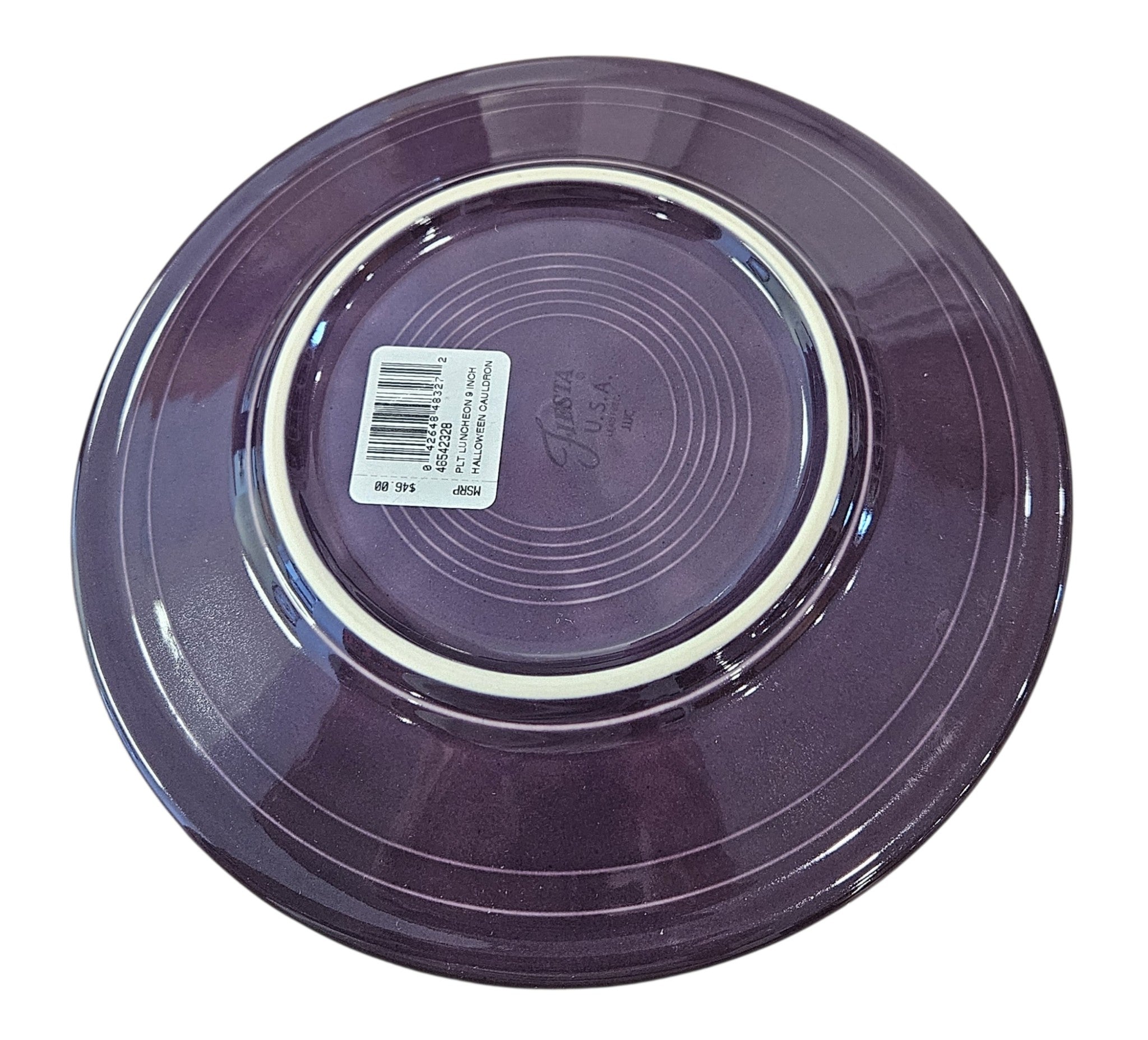 This is a Fiesta fiestaware Classic Luncheon Plate featuring the Halloween Cauldron decal on mulberry. The decal reads :Double double toil and trouble fire burn and cauldron bubble". Lead free, Post 1986 retired decal, retired color, Halloween
