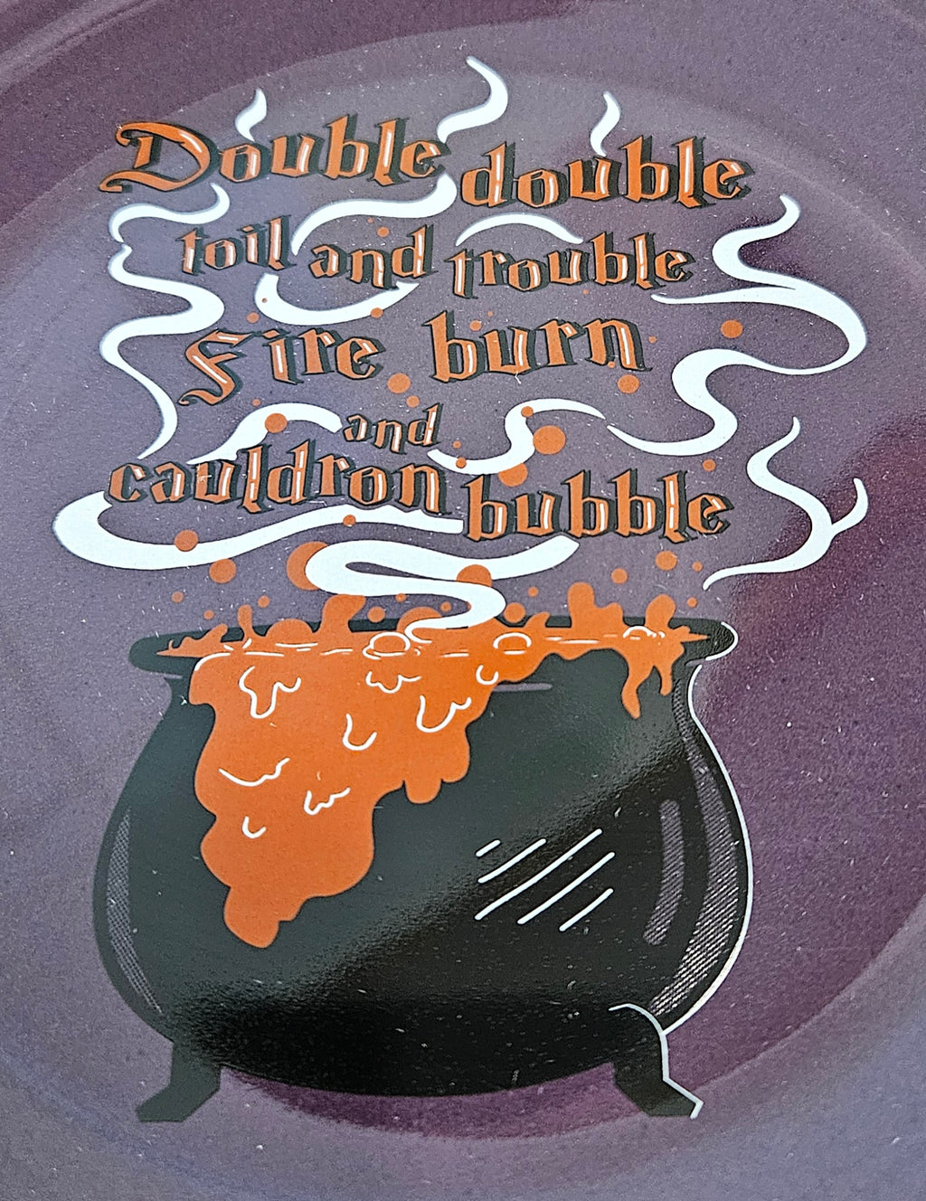 This is a Fiesta fiestaware Classic Luncheon Plate featuring the Halloween Cauldron decal on mulberry. The decal reads :Double double toil and trouble fire burn and cauldron bubble". Lead free, Post 1986 retired decal, retired color, Halloween
