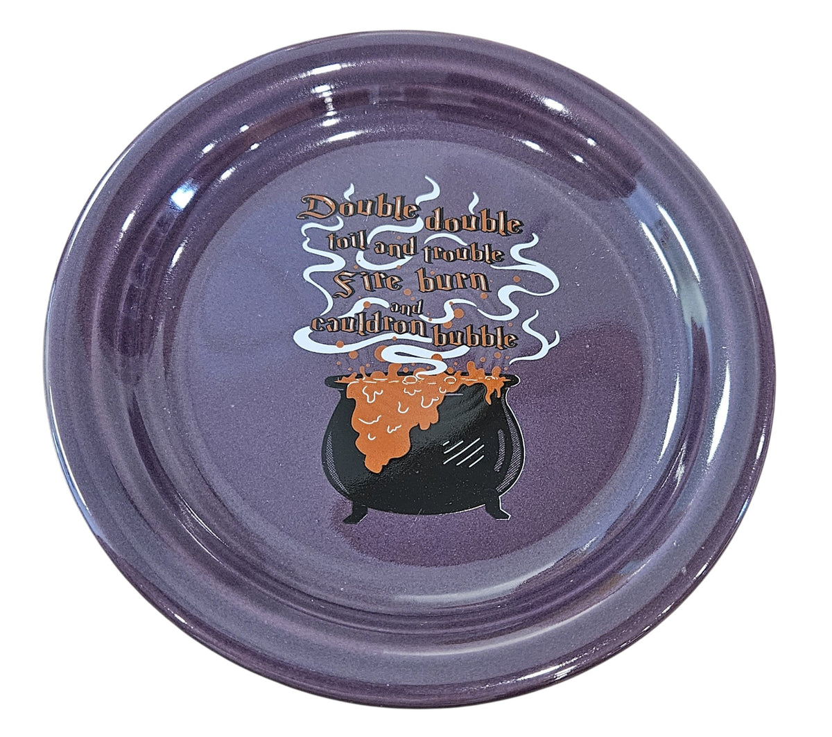 This is a Fiesta fiestaware Bistro Appetizer Plate featuring the Halloween Cauldron decal on mulberry. The decal reads :Double double toil and trouble fire burn and cauldron bubble". Lead free, Post 1986 retired decal, retired color, Halloween
