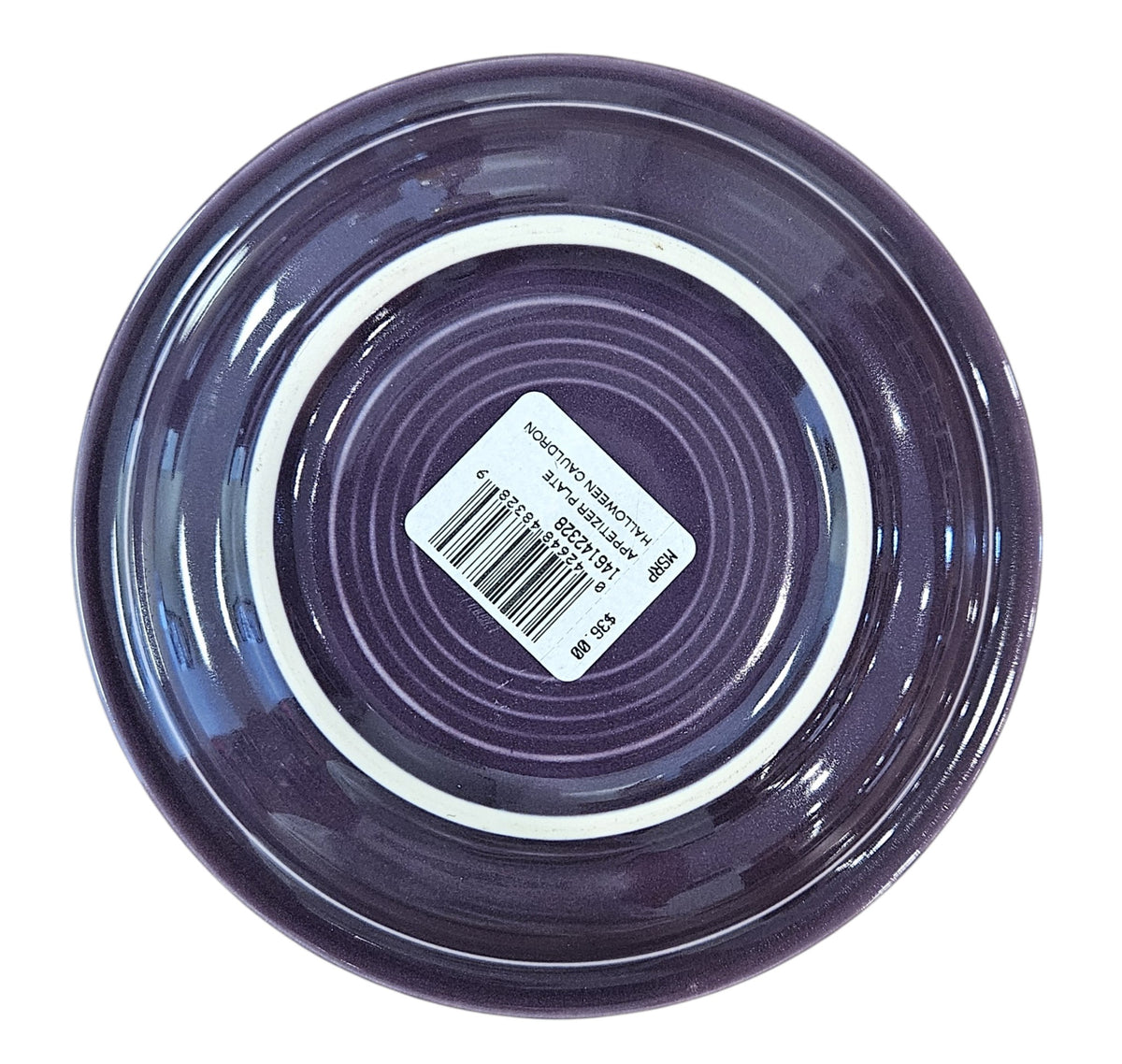 This is a Fiesta fiestaware Bistro Appetizer Plate featuring the Halloween Cauldron decal on mulberry. The decal reads :Double double toil and trouble fire burn and cauldron bubble". Lead free, Post 1986 retired decal, retired color, Halloween
