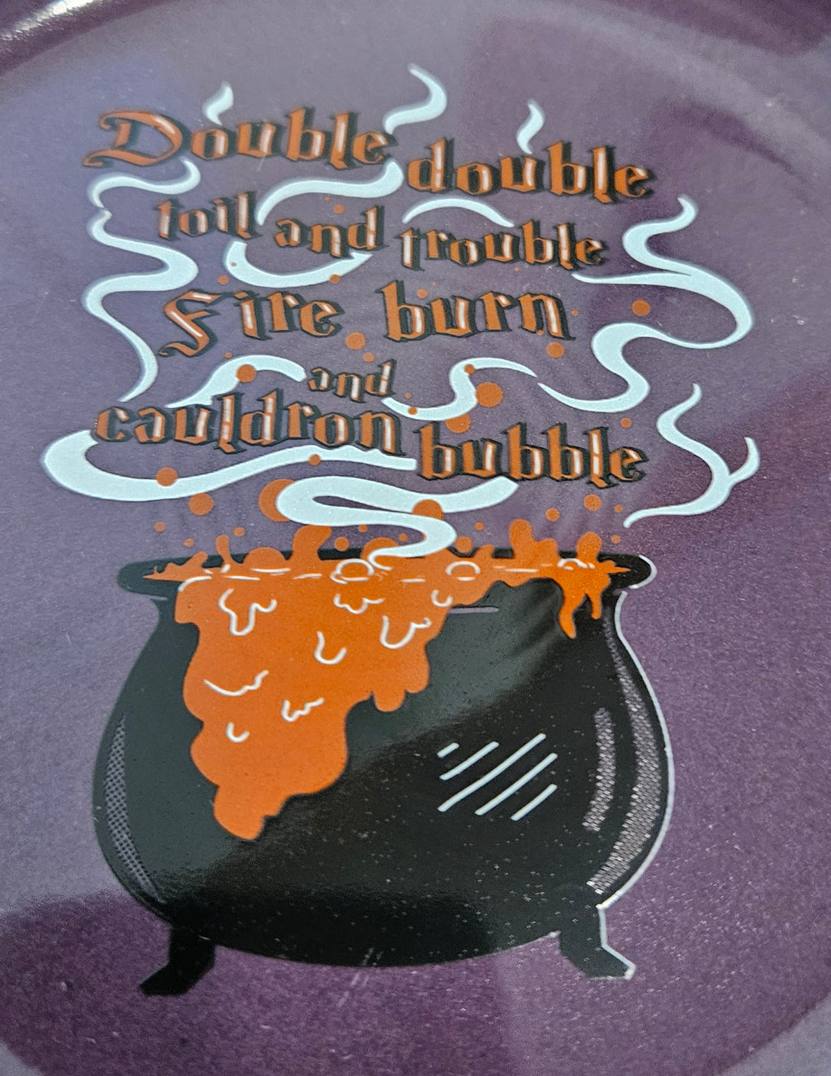 This is a Fiesta fiestaware Bistro Appetizer Plate featuring the Halloween Cauldron decal on mulberry. The decal reads :Double double toil and trouble fire burn and cauldron bubble". Lead free, Post 1986 retired decal, retired color, Halloween
